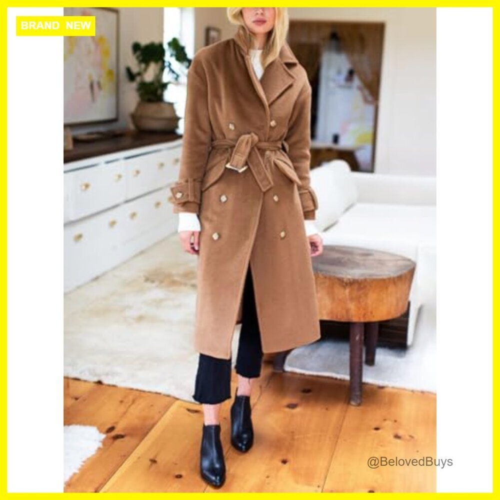 Long Wool Pea Coat Double Breasted Trench Belted Overcoat Below Knee - Picture 5 of 5